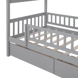 Sunvega Twin Size Wooden House Bed with Two Drawers and Headboard in White