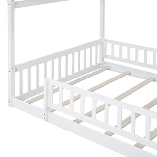 Sunvega Full Size House Bed Frame with Playhouse Fence and Roof for Kids