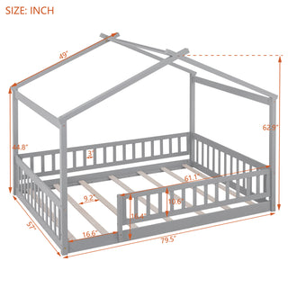 Sunvega Full Size House Bed Frame with Playhouse Fence and Roof for Kids
