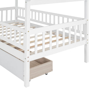 Sunvega Twin Size Wooden House Bed with Two Drawers and Headboard in White