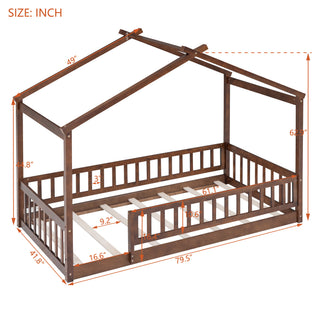 Sunvega Full Size House Bed Frame with Playhouse Fence and Roof for Kids