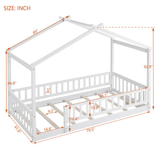 Sunvega Full Size House Bed Frame with Playhouse Fence and Roof for Kids