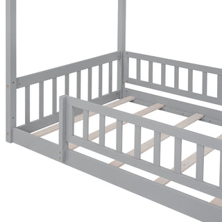 Sunvega Full Size House Bed Frame with Playhouse Fence and Roof for Kids