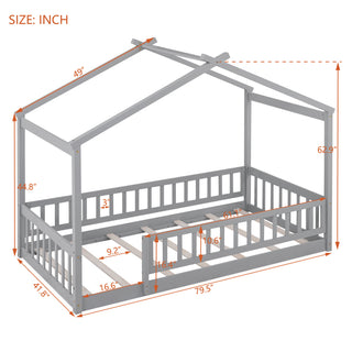 Sunvega Full Size House Bed Frame with Playhouse Fence and Roof for Kids