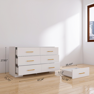Sunvega White Wooden Six Drawer Cabinet with Golden Handles Large Storage Space