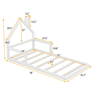 Sunvega Natural Wood Floor Bed with House-Shaped Headboard for Kids Room