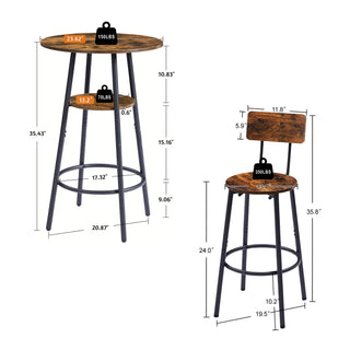 Sunvega Rustic Brown Bar Stool Set with Backrest, Shelf, and Footrest