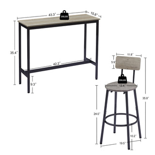 Sunvega Rustic Brown Bar Table Set with 2 PU Soft Seat Backrest Stools for Small Spaces