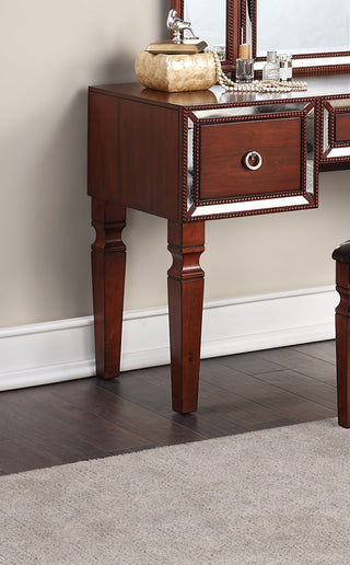 Sunvega Traditional Black Rubber Wood Vanity Set with Tri-Fold Mirror and Tufted Stool