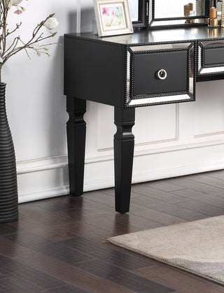 Sunvega Traditional Black Rubber Wood Vanity Set with Tri-Fold Mirror and Tufted Stool