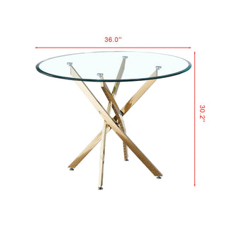 Sunvega Round Clear Tempered Glass Dining Table with Gold Finish Stainless Steel Legs