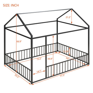 Sunvega Full Size Playhouse Metal Bed Frame with Fence for Kids and Teens