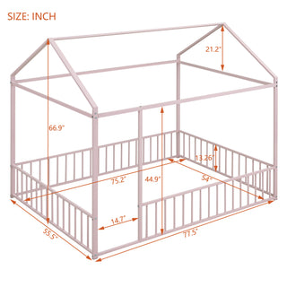 Sunvega Full Size Playhouse Metal Bed Frame with Fence for Kids and Teens