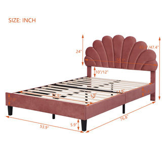 Sunvega Queen Size Upholstered Platform Bed with Flower Pattern Velvet Headboard