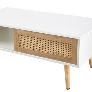 Sunvega Rattan Woven Coffee Table with Sliding Door Storage and Solid Wood Legs