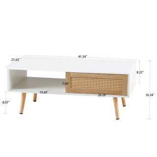 Sunvega Rattan Woven Coffee Table with Sliding Door Storage and Solid Wood Legs