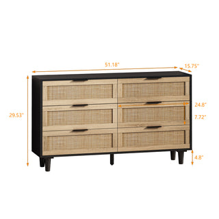 Sunvega Modern Natural Rattan 6 Drawer Dresser with Wood Legs for Bedroom Storage