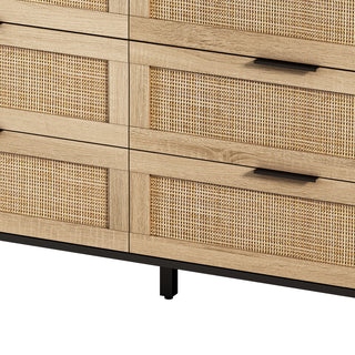Sunvega Modern Natural Rattan 6 Drawer Dresser with Wood Legs for Bedroom Storage