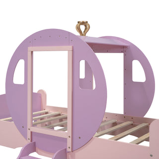 Sunvega Twin Size Princess Carriage Bed with Crown Wood Platform and Stair