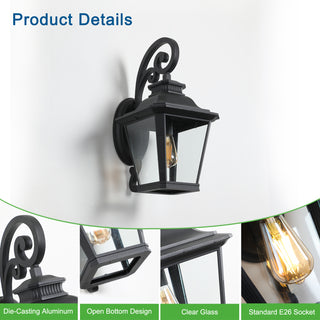 Sunvega Vintage Black Metal Wall Lantern with Clear Glass and Scroll Design