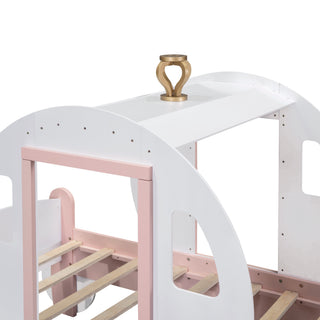 Sunvega Twin Size Princess Carriage Bed with Crown Wood Platform and Stair