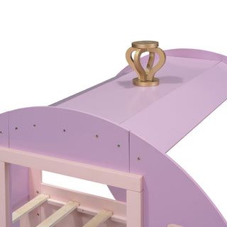 Sunvega Twin Size Princess Carriage Bed with Crown Wood Platform and Stair