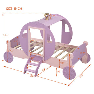 Sunvega Twin Size Princess Carriage Bed with Crown Wood Platform and Stair