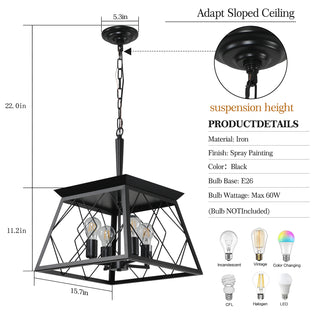 Sunvega 16" Black Industrial 4-Light Pendant Chandelier with Modern Metal Cage Design
