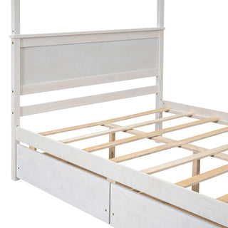 Sunvega Modern Wood Canopy Bed with Two Drawers and Brushed White Finish