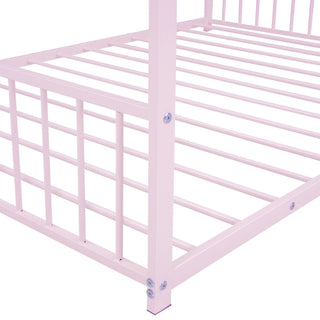 Sunvega Pink Full Size Metal House Bed with Playhouse Roof Design for Kids