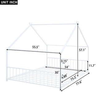Sunvega Pink Full Size Metal House Bed with Playhouse Roof Design for Kids