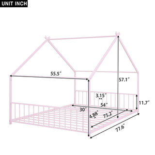 Sunvega Pink Full Size Metal House Bed with Playhouse Roof Design for Kids