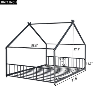 Sunvega Pink Full Size Metal House Bed with Playhouse Roof Design for Kids