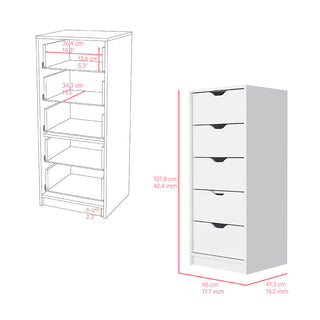 Sunvega Five Drawer Narrow Dresser in White Finish for Bedroom
