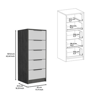 Sunvega Maryland White Pine Finish 5 Drawer Dresser with Metal Handles