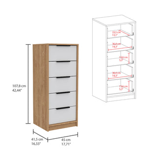 Sunvega Maryland White Pine Finish 5 Drawer Dresser with Metal Handles