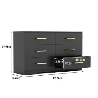 Sunvega White Wooden Six Drawer Cabinet with Golden Handles Large Storage Space