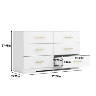 Sunvega White Wooden Six Drawer Cabinet with Golden Handles Large Storage Space