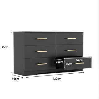 Sunvega White Wooden Six Drawer Cabinet with Golden Handles Large Storage Space