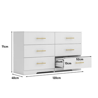 Sunvega White Wooden Six Drawer Cabinet with Golden Handles Large Storage Space