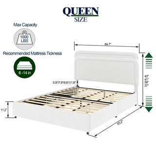 Sunvega Queen Size Ivory Boucle Upholstered Platform Bed with 4 Storage Drawers