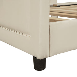 Sunvega Twin Size Upholstered Daybed with Stripe Headboard for Kids Bedroom