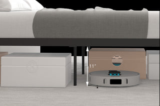 Sunvega Black Metal Bed with Walnut Wood Headboard and Footboard for Queen Size