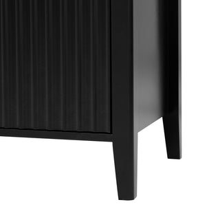 Sunvega Modern 4-Vertical Wavy Slatted Doors Sideboard with Solid Wood Legs and Metal Handles for Dining Room