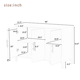 Sunvega Modern 4-Vertical Wavy Slatted Doors Sideboard with Solid Wood Legs and Metal Handles for Dining Room