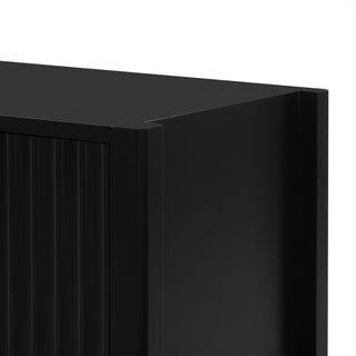 Sunvega Modern 4-Vertical Wavy Slatted Doors Sideboard with Solid Wood Legs and Metal Handles for Dining Room