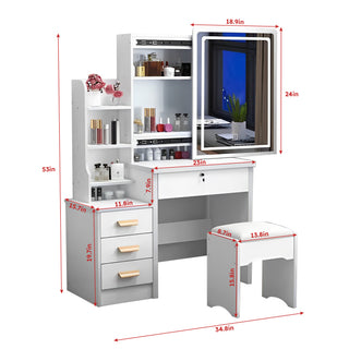 Sunvega White Vanity Desk with Mirror and Lights for Makeup and Chair