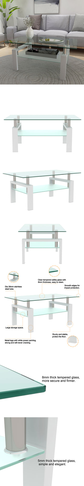 Sunvega Modern Clear Glass Coffee Table with Double Layer Storage for Living Room
