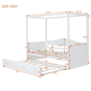 Sunvega Modern White Twin Size Canopy Day Bed with Trundle for Space Saving