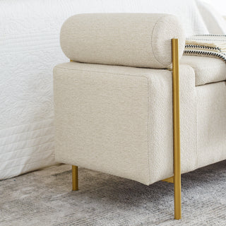 Sunvega Elegant Upholstered Linen Storage Bench with Cylindrical Arms and Iron Legs